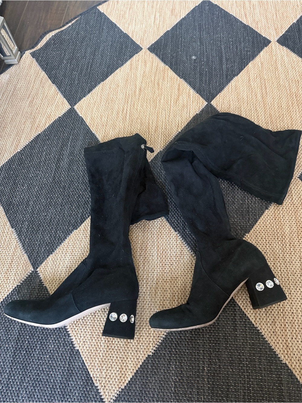 Miu Miu Black Suede Knee-High Boots with Crystal Heel Studs